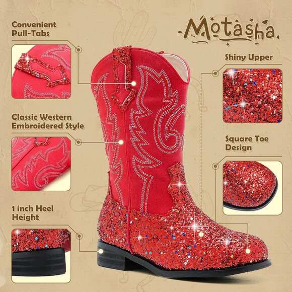 Unisex Child Red Mid Calf Glitter Toddler Cowboy Boot Little Big Kids Western - Picture 5 of 8